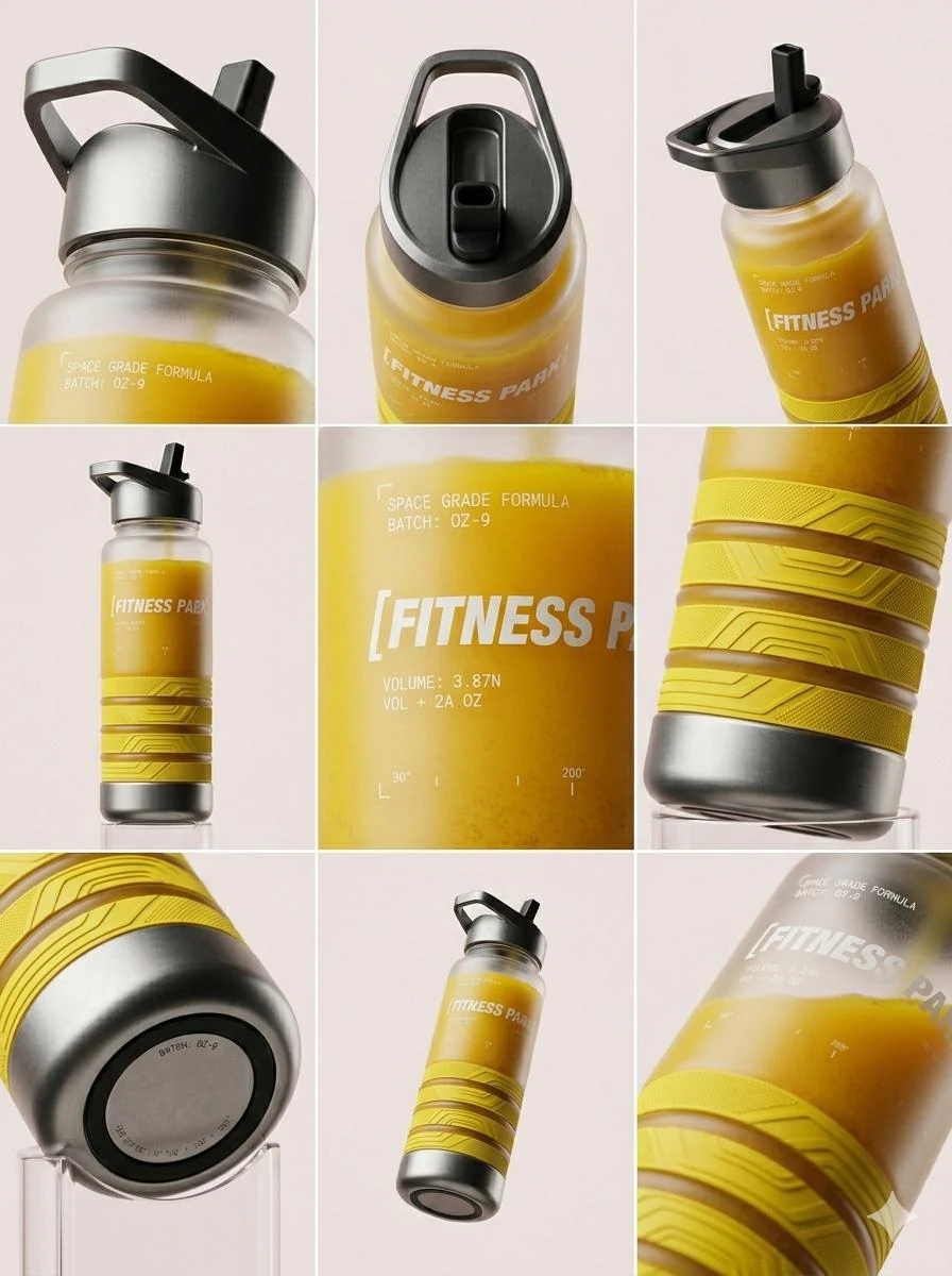 Planche de packshots d'une gourde de sport